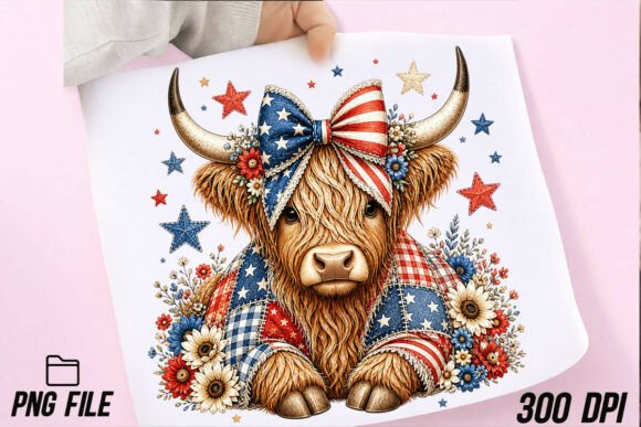 Coquette Highland Cow Patriotic PNG: Festive Charm for Your Projects
