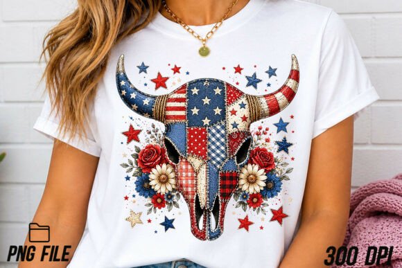 Patriotic Cow Skull PNG: A Boho Floral Statement Piece