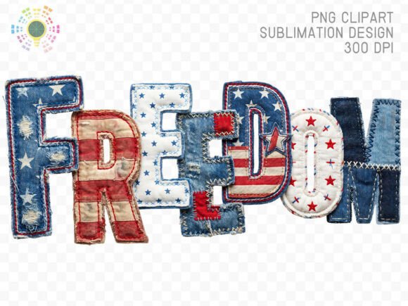 Patriotic Freedom Denim Patch Letters: A Vintage Design Asset